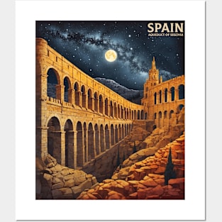 Aqueduct of Segovia Starry Night Spain Travel Tourism Retro Vintage Art Posters and Art